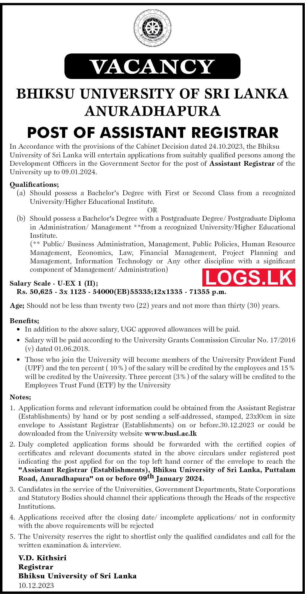 Assistant Registrar Bhiksu University Job Vacancies 2024   Assistant Registrar   Bhiksu University Job Vacancies 2024 